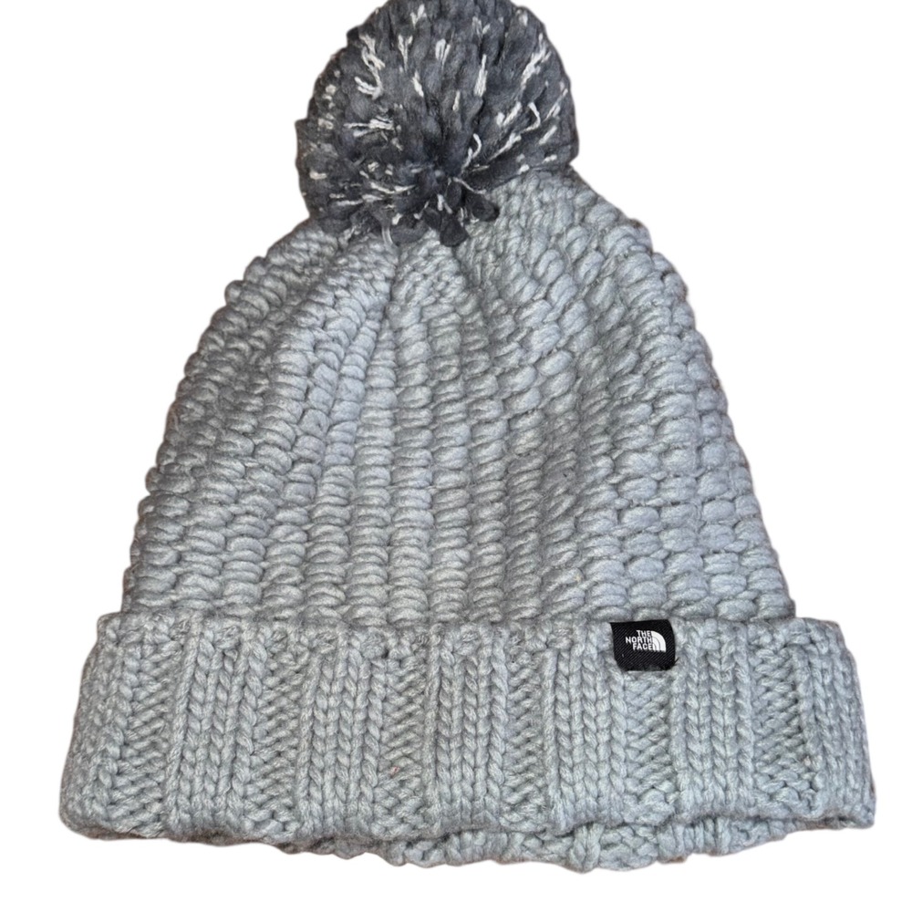 The North Face Cozy Chunky Cabin Beanie Gray Pom Womens Hat Ski Outdoor Winter